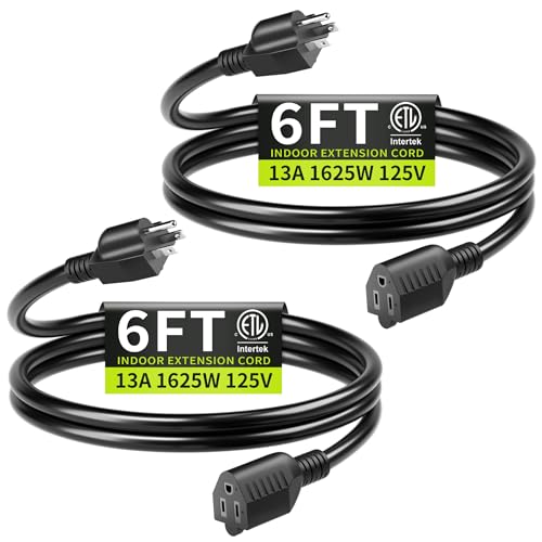16/3 Black Extension Cord 6 FT (2Pack) Indoor, Short Extension Cord for Laptops, Coffee Makers, Office Home Appliances, 3 Prong Small Resistant Cable Flexible, 13A 125V 1625W ETL Listed