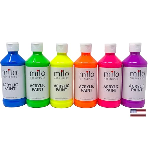 Image of milo Fluorescent Acrylic Paint Set of 6 Colors | 8 oz Bottles | Student Neon Colors Acrylics Painting Pack | Glows UV in Black Light | Non-Toxic Arts & Crafts Paints for Artists & Hobby Painters | Made in USA | Glows in Black Light, AP Certified Non-Toxic, Made in USA, Arts & Crafts Paints for Artists, Student, Hobby Painters, Mixable