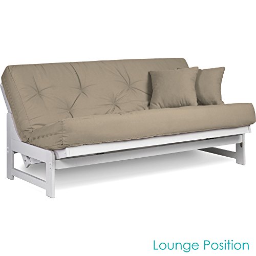 Arden White Futon Set Queen Size - Armless Futon Frame with Mattress Included (Twill Khaki), Space Saving Modern Sofa Bed Sleeper - Thumbnail 3