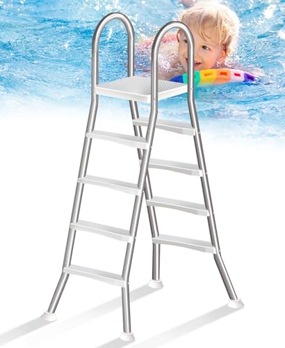 Errzom Escalera para Piscina de 135 cm con Doble Barandilla, Escalera Antideslizante de Alta Resistencia de 4 Peldaños, Escalera de Acero Inoxidable para Piscinas Elevadas,135cm