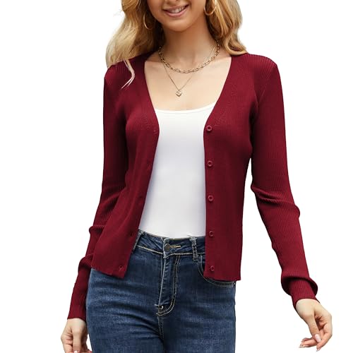 Women's Long Sleeve Ribbed Knit V Neck Button Down Slim Fitted Cropped Cardigan