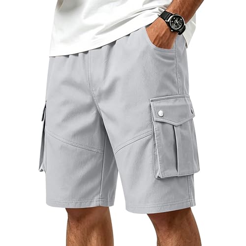 Image of Men’s Heavyweight French Terry Cargo Shorts Elastic Drawstring Waist Multi Pocket Loose Knee Length Knit Jog Shorts Summer Outdoor Casual Sport Bottoms for Beach Holiday Walks (a-Light Gray, L)