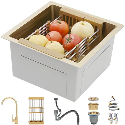 Evier Cuisine 1 Bac 38 x 38 cm,Evier Inox,Or Petit évier de cuisine à cuve unique,avec Robinet de cuisine,panier d'égouttement,kit de trop-plein et de...