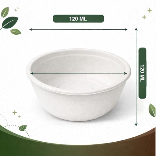 Image of Eco Aaroyaa Disposable Bagasse Bowls - 120 ML - Pack of 50 Biodegradable Disposable Bowls - Eco-Friendly Dip, Sauce, Chutney & Dessert Cups - Leak-Resistant Small Serving Bowl (Pack of 50)