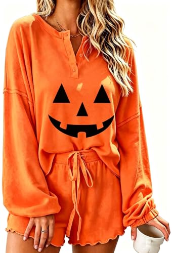 Image of Roshop Halloween Pajama Women's Pumpkin Top & Shorts Loungewear Set