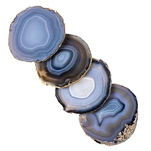 Nature's Decorations Natural Agate Stone Coasters - Set of 4 Polished Geode Drink Mats for Dining & Coffee Table & Kitchen Decor No Dye 3.5-4' Diameter
