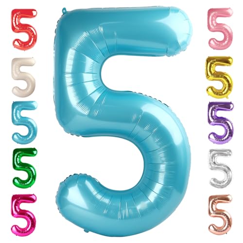 Image of 5 Balloon Numbers Birthday Decorations, 40In Pearl Blue Balloons for Party | Eye-catching Appearance, Perfect Decorative Centerpieces, Convenient Self-sealing Structure, Widely for Various Occasions