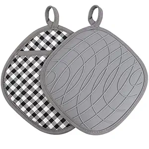 KinHwa Silicone Pot Holders Sets Heat Resistant Oven Hot Pads with Pockets Non Slip Grip Large Potholders for Kitchen Baking Cooking 7.8inch x 7.8inch Pack of 2 Black/White