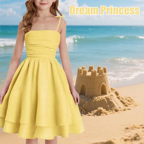 Girl's Spaghetti Strap Smocked Ruched A Line Swing Layered Beach Sundress3