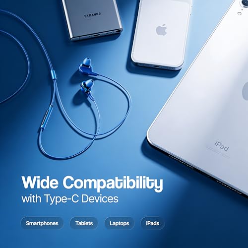 Image of Ambrane Type C Wired Earphones with Mic, Dual Dynamic Drivers, Hi-Fi Stereo Sound, Deep Bass, in-Ear Earphones for Gaming, Music & Calls, Compatible with Type C Smartphones, iPhone,Android, Ipad