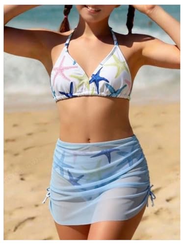 Image of RoseSeek Girl's 3 Piece Cute Bowknot Bathing Suit Halter Triangle High Waisted Swimsuit with Beach Cover Up Skirt