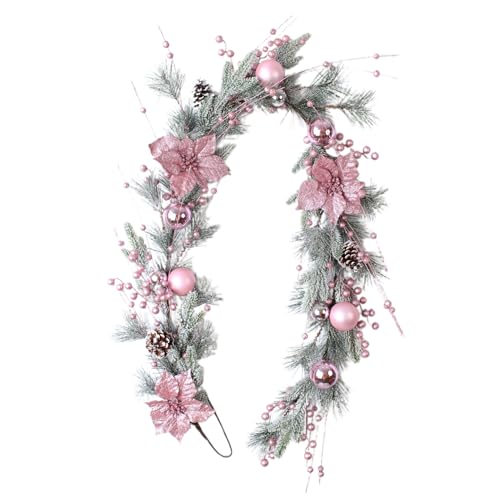 Marooma Guirnalda de Navidad, Guirnalda de Vegetación Artificial, Corona de Navidad con Purpurina Rosa, Flores de Pascua, Bayas y Adornos de Bolas, Guirnalda de Navidad para (C)