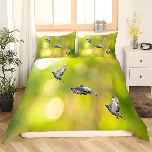 Housse couette en microfibre douce 240x260 parure de lit oiseaux vert - 3