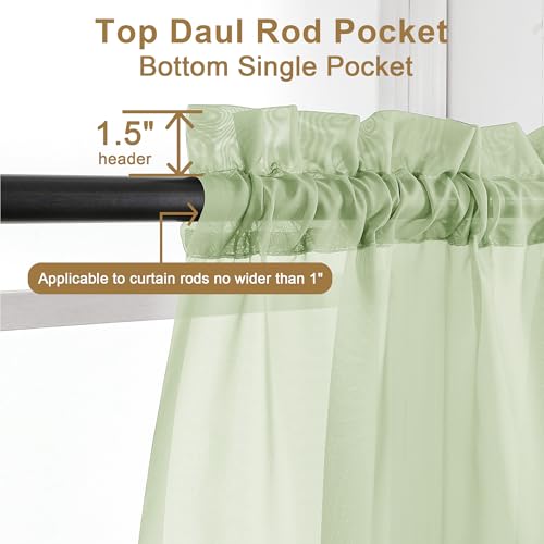 Image of Chyhomenyc Light Green Sheer Curtains 36 inch Length 2 Panels Set, Light Filtering Voile Short Window Curtians for Bathroom Living Room Farmhouse Small Windows, Each 42Wx36L in, 2PCS