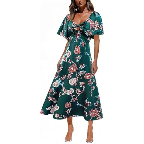 Fashionme Womens Dresses 2024 Maxi Dresses Deep V Neck Elegant Bow Tie Front Short Sleeve Summer Casual Floral Satin Sun Dress Wedding Guest Graduation Vacation Beach Tea Party Dark Green Cover