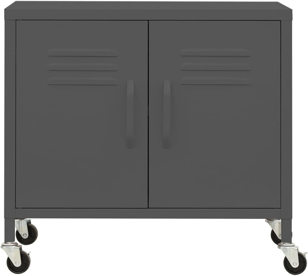Anthracite Steel Storage Cabinet with Adjustable Shelving and Lockable Wheels, 23.6 x 13.8 x 22.0 Inches, Durable Metal Organizer for Home Office or Living Room