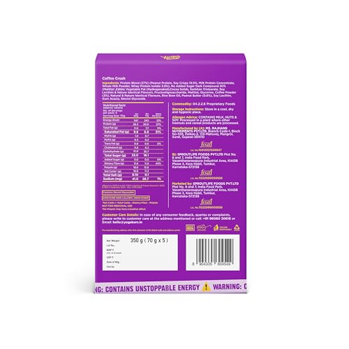 Yogabar Power Up 20g Protein Bar (5 Bars, Coffee Rush, No Added Sugar) | Least Net Carbs | Zero Added Sugar Protein Bars | High Protein Blend - Whey Protein Concentrate, Isolate, Peanuts & Soy | Healthy Protein Snacks