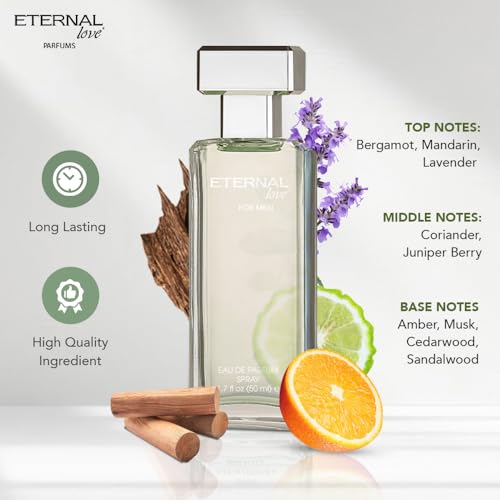 Eternal Love for Men - Long Lasting Eau de Parfum Spray - Premium Clean Fragrance with Amber & Cedarwood - Fresh Sophisticated Scent - 1.7oz