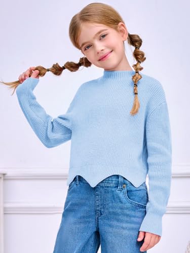 Image of Haloumoning Girls Mock Neck Sweaters Kids Fall Fashion Long Batwing Sleeve Rib Knit Pullover Clothes 5-14 Years Light Blue