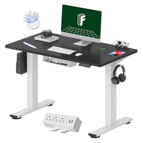 Image of FLEXISPOT EN2 Whole-Piece Standing Desk with Clamp Power Strip, 40 x 24 Electric Stand Up Height Adjustable Desk with Cable Management (White Frame + 40 inch Black Desktop, 2 Packages)