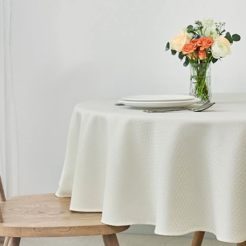 Image of maxmill Round Weaved Texture Design Tablecloth Spill-Proof Wrinkle Free Soft Washable Table Cloth for Circular Table Cover, for Dining Room Buffet Banquet Parties Holiday Dinner, 90 Inch Ivory