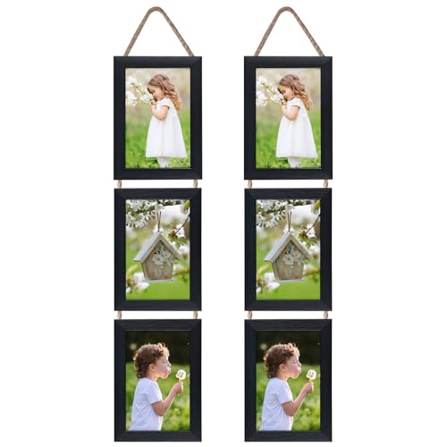 EYMPEU 6x4 Photo Frames with Twine Set of 2, Triple Vertical Black Picture Frame 6x4 for Hanging in Living Room Bedroom, Office