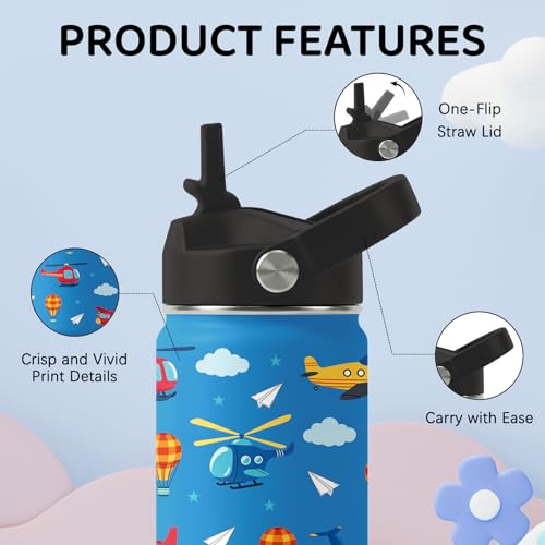 Image of Airplane Water Bottle for Son & Daughter, Stainless Steel Insulated Tumbler with Straw Lid and Handle, 12oz Reusable Leak-Proof Bottle for Sports