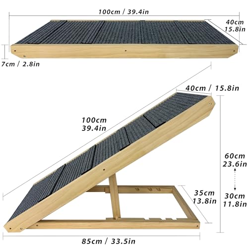 YRHome Klappbar Hunderampe Holz 100x40x60cm Hundetreppe für große Katzen und Hunde Anti-rutsch Hundeeinstiegshilfe für Bett Sofa oder Auto Haustiertreppe Bis 100kg Tragbare Tierrampe höhenverstellbar