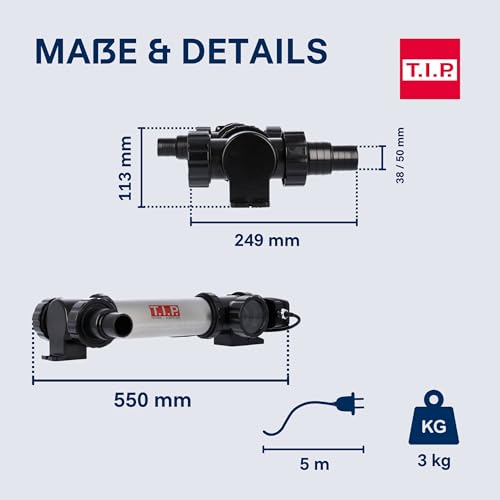T.I.P. Edelstahl UV-C Strahler für Pools und Teiche bis 36.000 l - 36 Watt zur Bakterien- und Algenreduzierung - Mit LED-Funktionskontrolle SPU 36000 UV, 30447