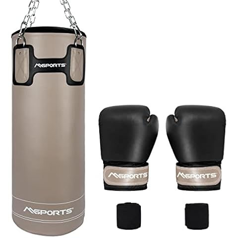 MSPORTS Boxsack-Set Professional 80 x 30 cm, Box-Set mit 1 Paar Boxhandschuhen und Boxbandagen - 25 kg Beige-Schwarz Boxset Cover