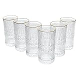 Belwodly Glassware Sets with Gold Rim, Vintage Drinking Glasses with Ribbed Hobnail Embossed Glassware, Set of 6