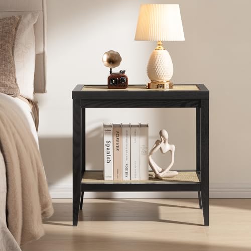 Image of SICOTAS Rattan End Table with Storage, Living Room Table Bedside Table | Farmhouse Boho Night Stand with Open Shelves, Side Table for Bedroom, Living Room, Small Spaces