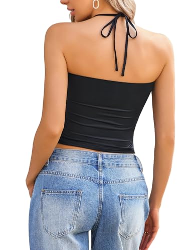 Image of Avidlove Halter Tops for Women Going Out Double Lined Sexy Crop Tank Top Ruched Slim Fit Cami Y2K Outfits Womens Summer Tops