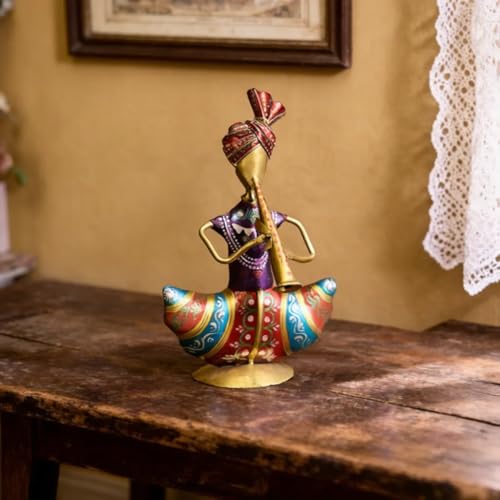 Image of Sitting Sardar Pipadi Musician Figurine Handcrafted Rajasthani Showpiece | Single Home Decor Statue for Living Room, Office Desk & Shelf | Decorative Table Item | 16 cm
