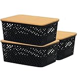 3 cajas de almacenamiento con tapa de bambú, apilables con tapa, organizador de cocina, cesta de almacenamiento con asa, para armario de dormitorio, 5 L, color negro