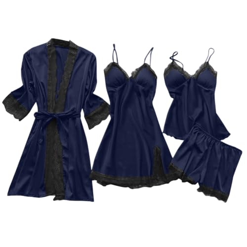 Pyjama femme en satin bleu M : ensemble de nuit 5 pièces avec soutien-gorge intégré