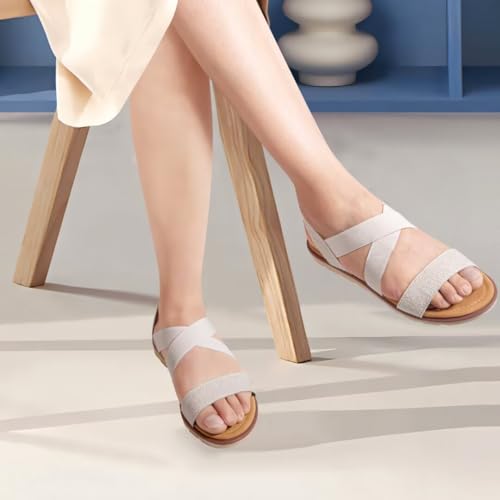Women's Elastic Flat Sandals - Comfort Open Toe Elastic ankle strap Slip on Casual Walking Summer Shoes3