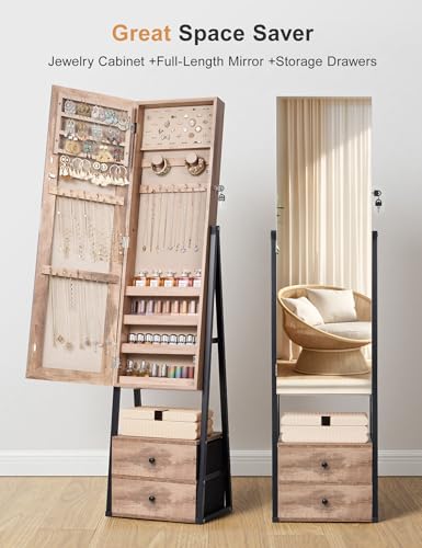 Nicetree Jewelry Cabinet Armoire with 2 Drawers,Standing Jewelry Mirror Cabinet, Full Length Mirror with Jewelry Storage, Lockable Jewelry Organizer with Mirror,Toasted Oak