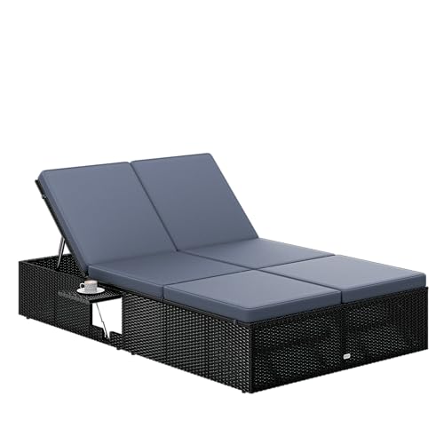 Casaria® Chaise Longue Double Noir/Anthracite extrémités réglables Bain de Soleil 2 Places polyrotin Chaise d'extérieur