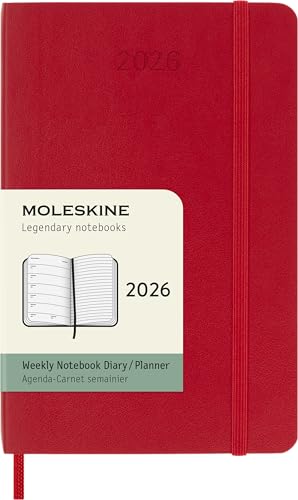 Moleskine Wochenplaner, Wochenagenda 2026 12 Monate Mit Platz Für Notizen, Mit Weichem Einband und Elastischem Verschluss, Pocket-Format 9x14, Farbe Rot*