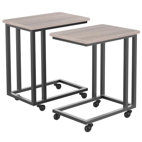 Sweetcrispy C Tables Counch That Slide Under Set of 2, Bed Side Table Tray Sofa Portable Rolling with Wheels Metal Frame, Wood Stand for Living Room Entryway Small Space Bedroom, Grey