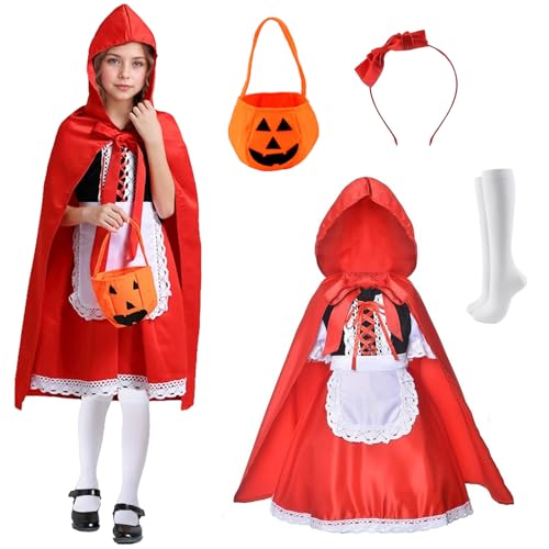 CHENBOOW Rotkäppchen Kostüm Kinder,Kostüm Mädchen,Rotkäppchen Mädchen,Kleid Verkleidung mit Umhang mit Kapuze,Rot Umhang Kleid Kinder,Kürbisbeutel Halloween,für Karneval,Fasching,Mottoparty,Halloween