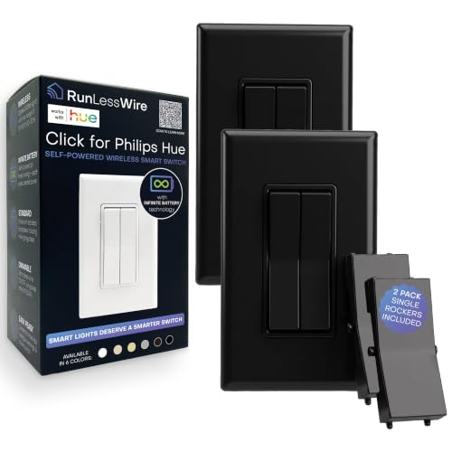 Image of RunLessWire Click for Hue Battery-Free Wireless Smart Switch 2 Pack Black | Dimmable Kinetic Switch Pairs Natively to Philips Hue Bridge, 4 Programmable Buttons to Control Scenes & Areas, 100ft Range