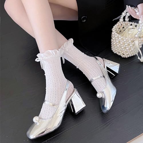Image of BIVOLU Womens Ankle Socks Lace Ruffle Frilly Cotton Cute Princess Ankle Dress Socks for Girl 2 Pack