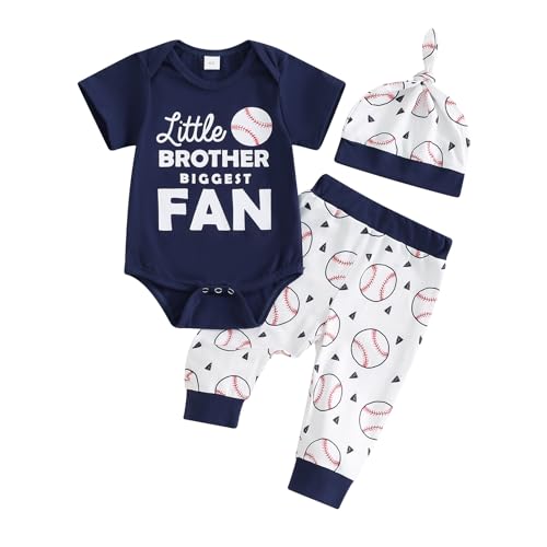 Image of Newborn Boy Clothes Little Brother Biggest Fan Baseball Romper Pants Hat Baby Coming Home Outfits