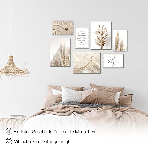 Novart Wandbilder Pampasgras - KOMPLETT AUFHÄNGFERTIG - Beige Vintage Wohnzimmer Schlafzimmer - 7 Moderne Mood-Bilder - N020071a