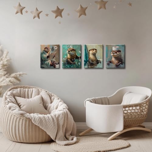 Image of Frimeeme 4 Piece Framed Funny Otter Bathroom Canvas Wall Art