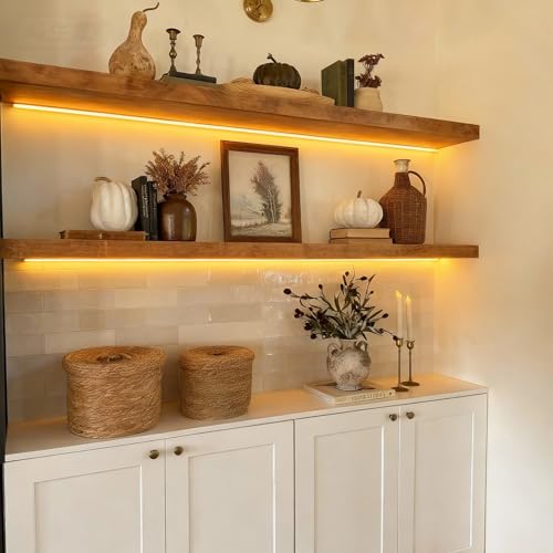 Image of ROGMARS 36 Inches Long Walnut Floating Shelves with Led Light | Rustic Solid Wood Farmhouse Wall Shelves with Invisible Brackets for Bedroom, Living Room, Kitchen, Bathroom Set of 2