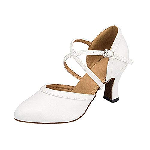 Women's Cross Strap Closed-Toe Buckle Ballroom Latin Dance Shoes Ladies White Dance Shoes Salsa Dancing Heels Wedding Ankle Strap Heels