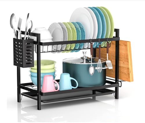 Escurreplatos de Cocina 2 Niveles con Bandeja de Drenaje – Escurridor de Platos y Cubiertos en Acero Inoxidable Antióxido – Organizador Compacto de Vajilla con Porta Cubiertos y Soporte para Tabla